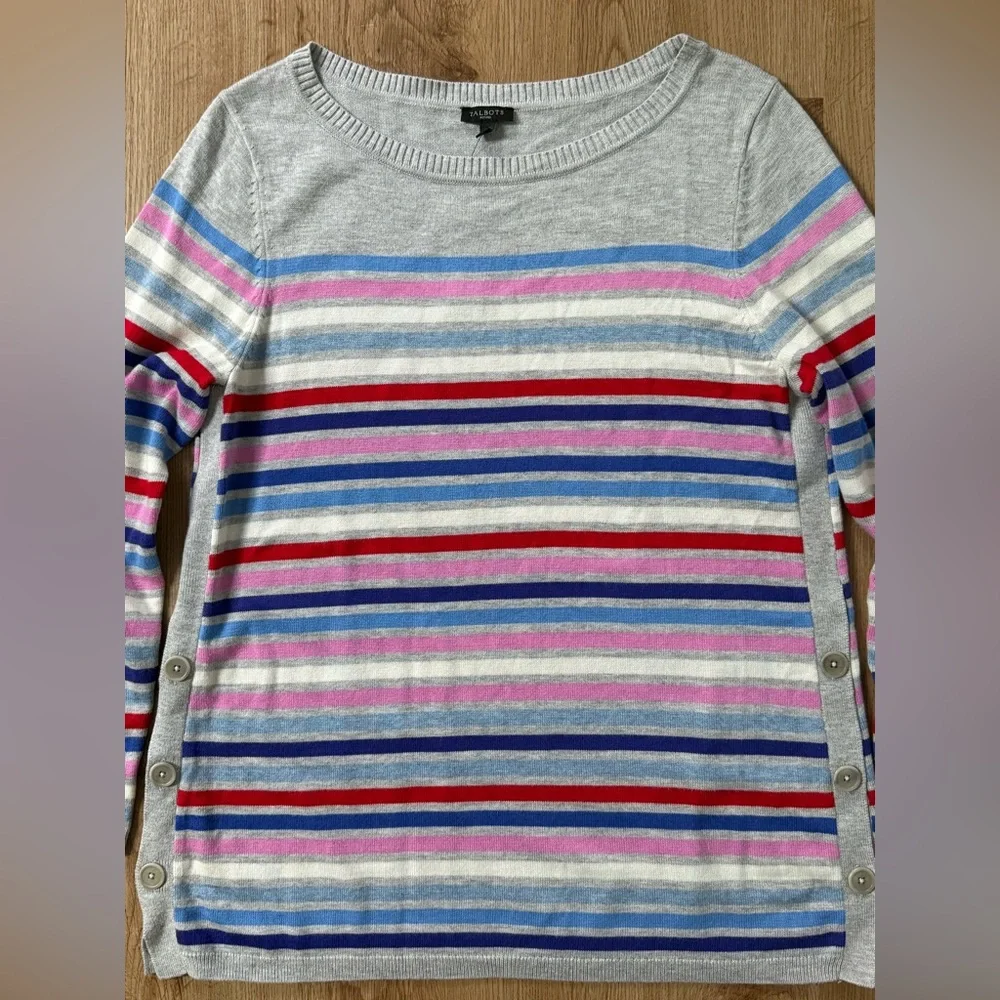 NWT Talbots‎ Multi Stripe  Gray Side Button Long Sleeve Sweater Size Petite L
